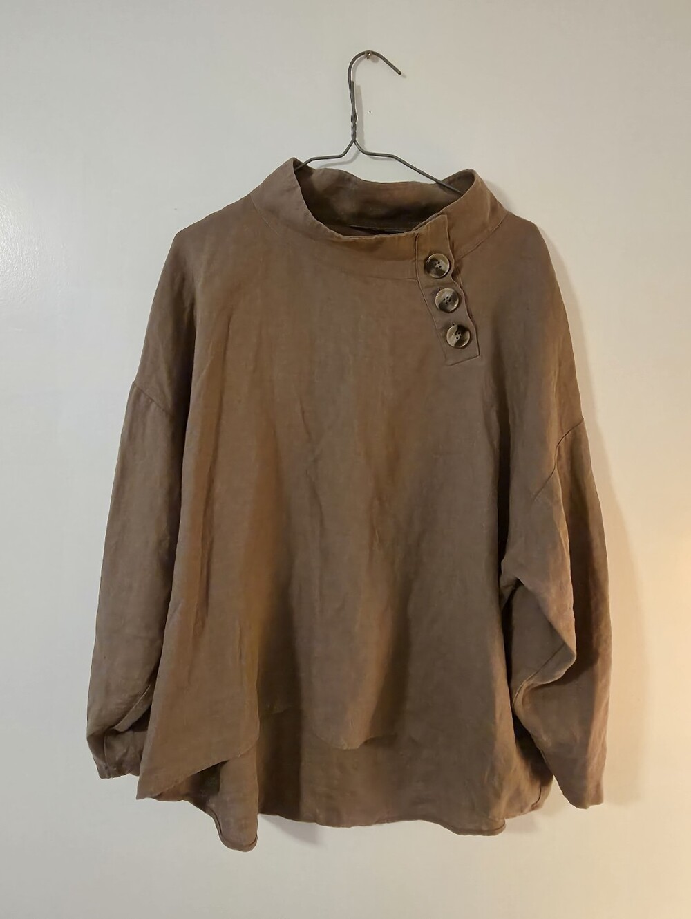 Brown 100% linen mock neck tunic top, Zara Woman, asymmetrical button detail